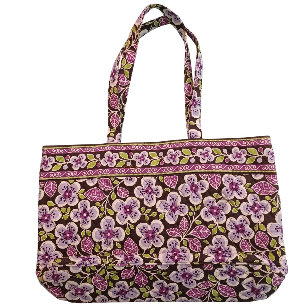 Vera Bradley Plum Petals Quilted Cotton Tote Bag Purple Floral Brown Large